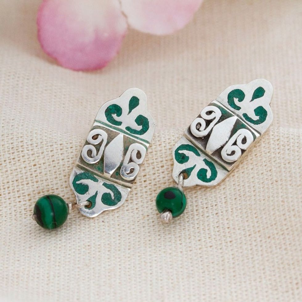 Green Natural Malachite and Sterling Silver Dangle Earrings 'Green of Grandeur'