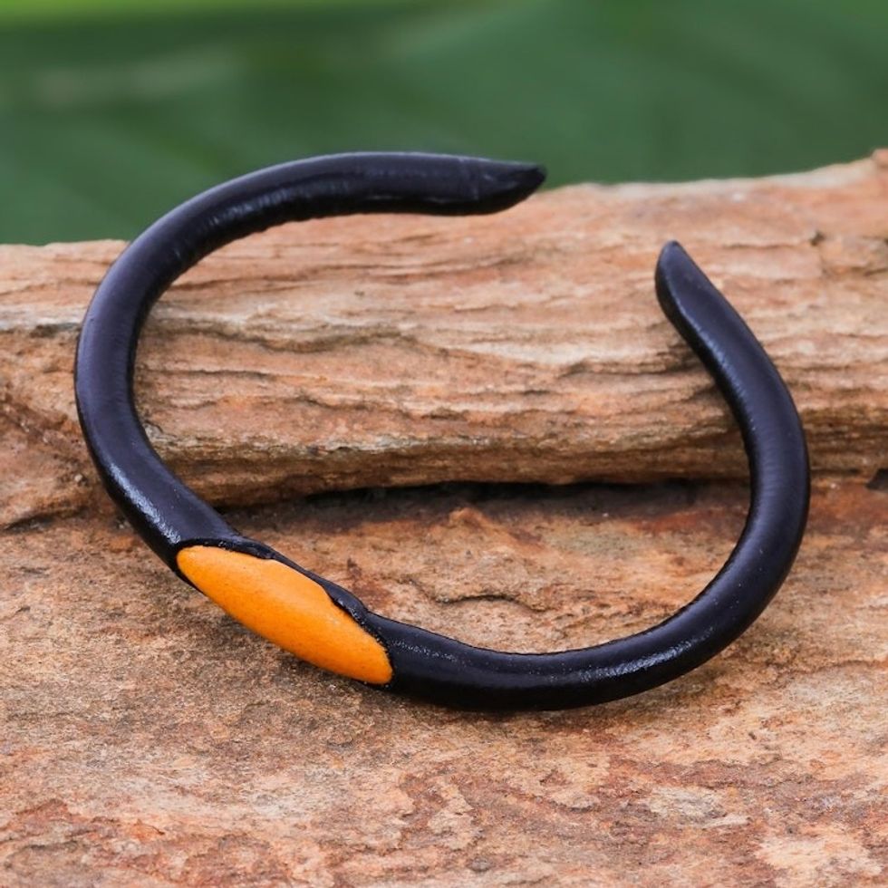 Black and Orange Leather Cuff Bracelet from Thailand 'Black-Orange Eye'