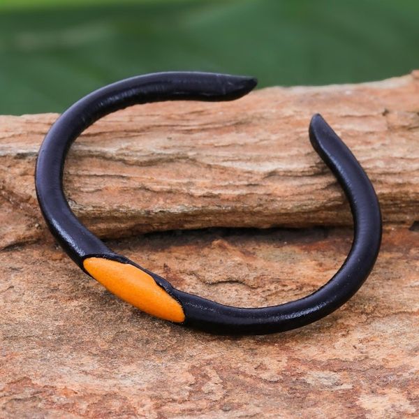 Alternate image for Black and Orange Leather Cuff Bracelet from Thailand Black-Orange Eye