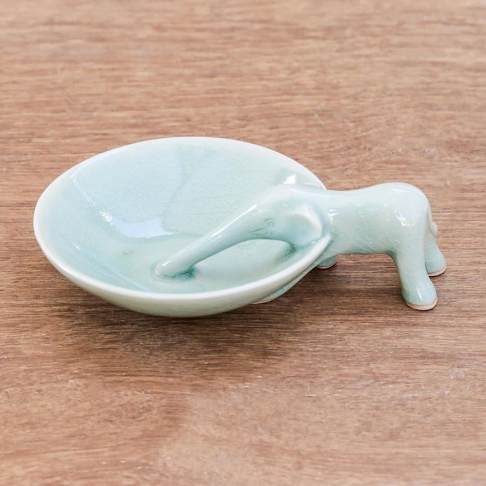 Elephant-Themed Celadon Ceramic Incense Holder 'Sipping Elephant'