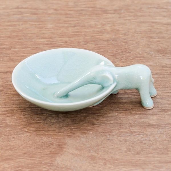 Alternate image for Elephant-Themed Celadon Ceramic Incense Holder Sipping Elephant