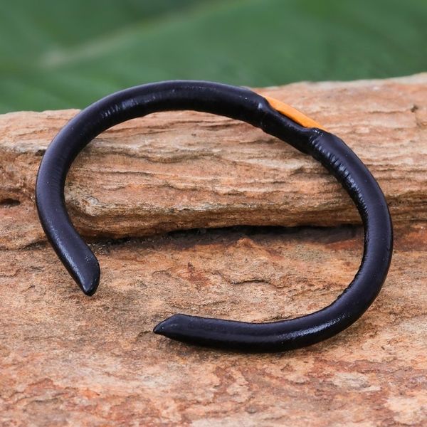 Alternate image for Black and Orange Leather Cuff Bracelet from Thailand Black-Orange Eye