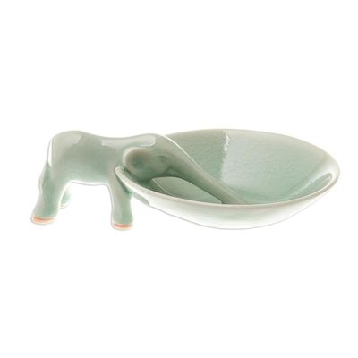 Alternate image for Elephant-Themed Celadon Ceramic Incense Holder Sipping Elephant