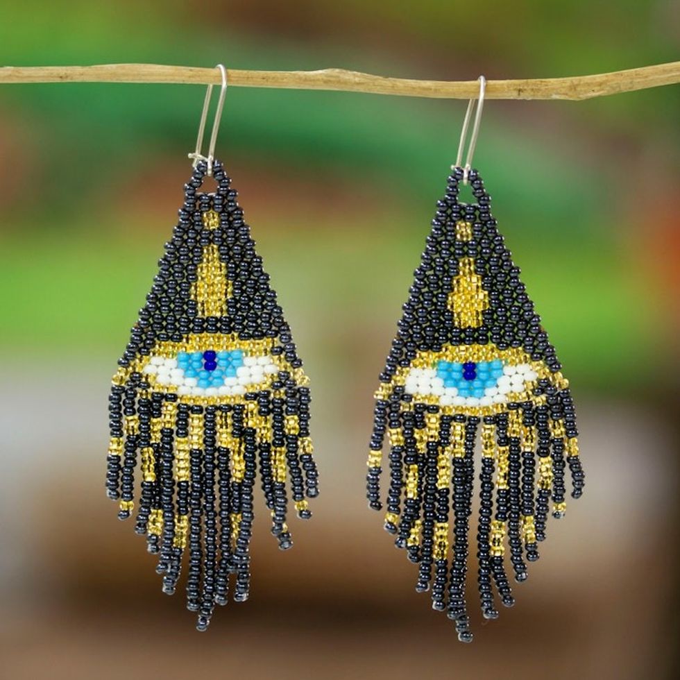 Grey Glass Beaded Waterfall Earrings with Turkish Eye Motif 'Grey Turkish Eye'