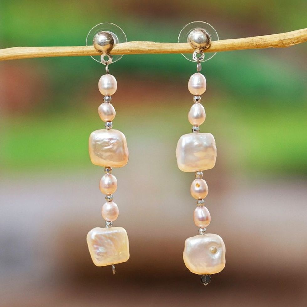Polished Square Natural Cream Cultured Pearl Dangle Earrings 'Square Reef'