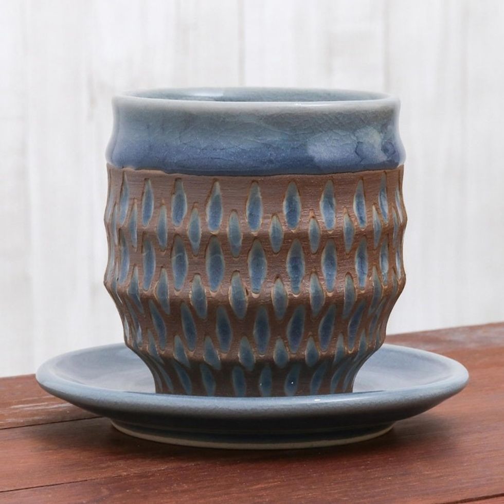 Rain Motif Celadon Ceramic Cup and Saucer from Thailand 'Blue Falls'