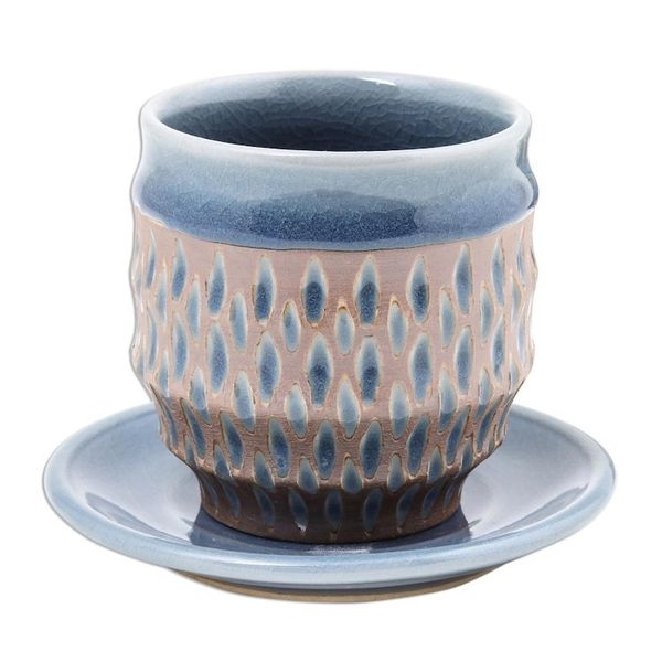 Alternate image for Rain Motif Celadon Ceramic Cup and Saucer from Thailand Blue Falls