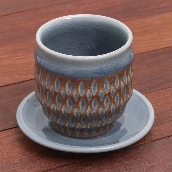 Alternate image for Rain Motif Celadon Ceramic Cup and Saucer from Thailand Blue Falls
