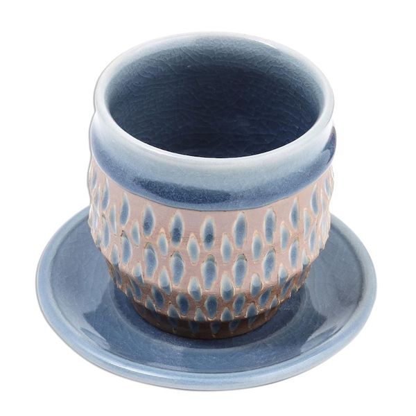 Alternate image for Rain Motif Celadon Ceramic Cup and Saucer from Thailand Blue Falls