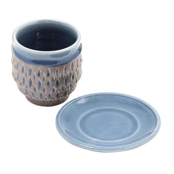 Alternate image for Rain Motif Celadon Ceramic Cup and Saucer from Thailand Blue Falls