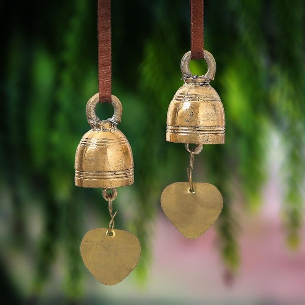 Handmade Brass Bell Ornaments from Thailand Pair 'Golden Voice'