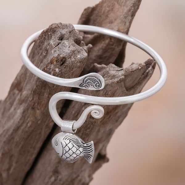 Alternate image for Handcrafted Thai Hill Tribe Silver Fish Charm Bracelet Hill Tribe Goldfish