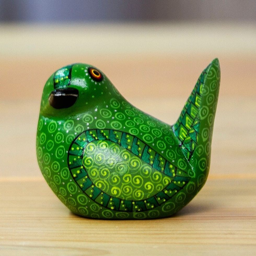 Hand-Painted Green Copal Wood Mockingbird Alebrije Figurine 'Mockingbird of Luck'