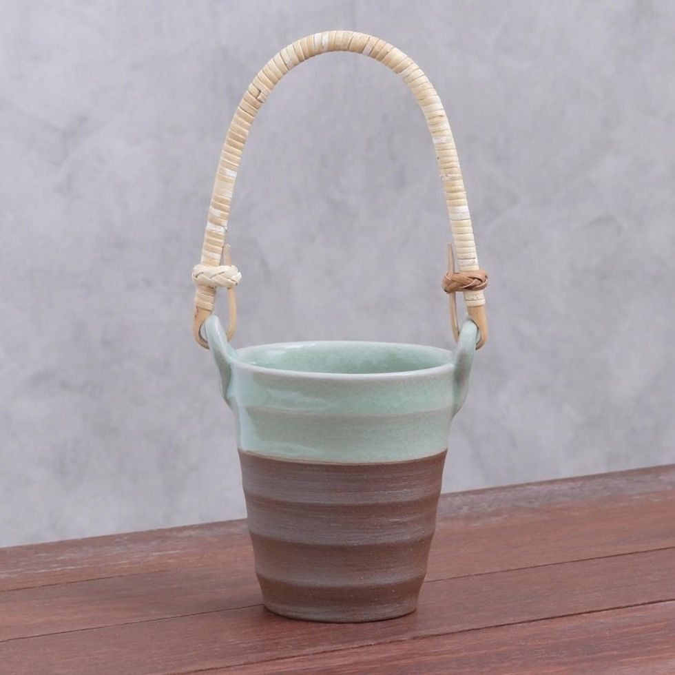 Celadon Ceramic and Natural Fiber Cup in Green from Thailand 'Picnic Mood in Green'