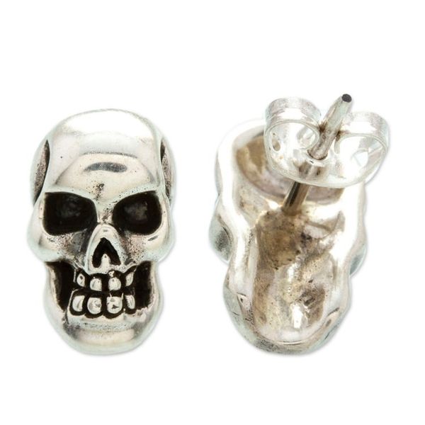 Alternate image for High-Polished Sterling Silver Skull Button Earrings Underworld Facet