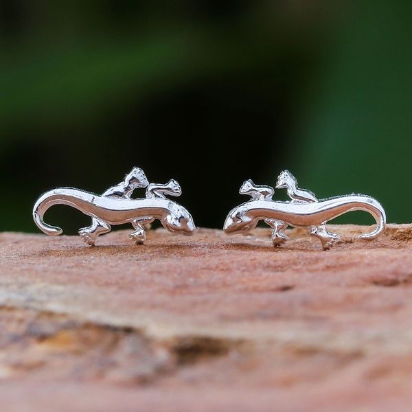 Alternate image for 925 Silver Salamander Stud Earrings Handcrafted in Thailand Sleek Salamander