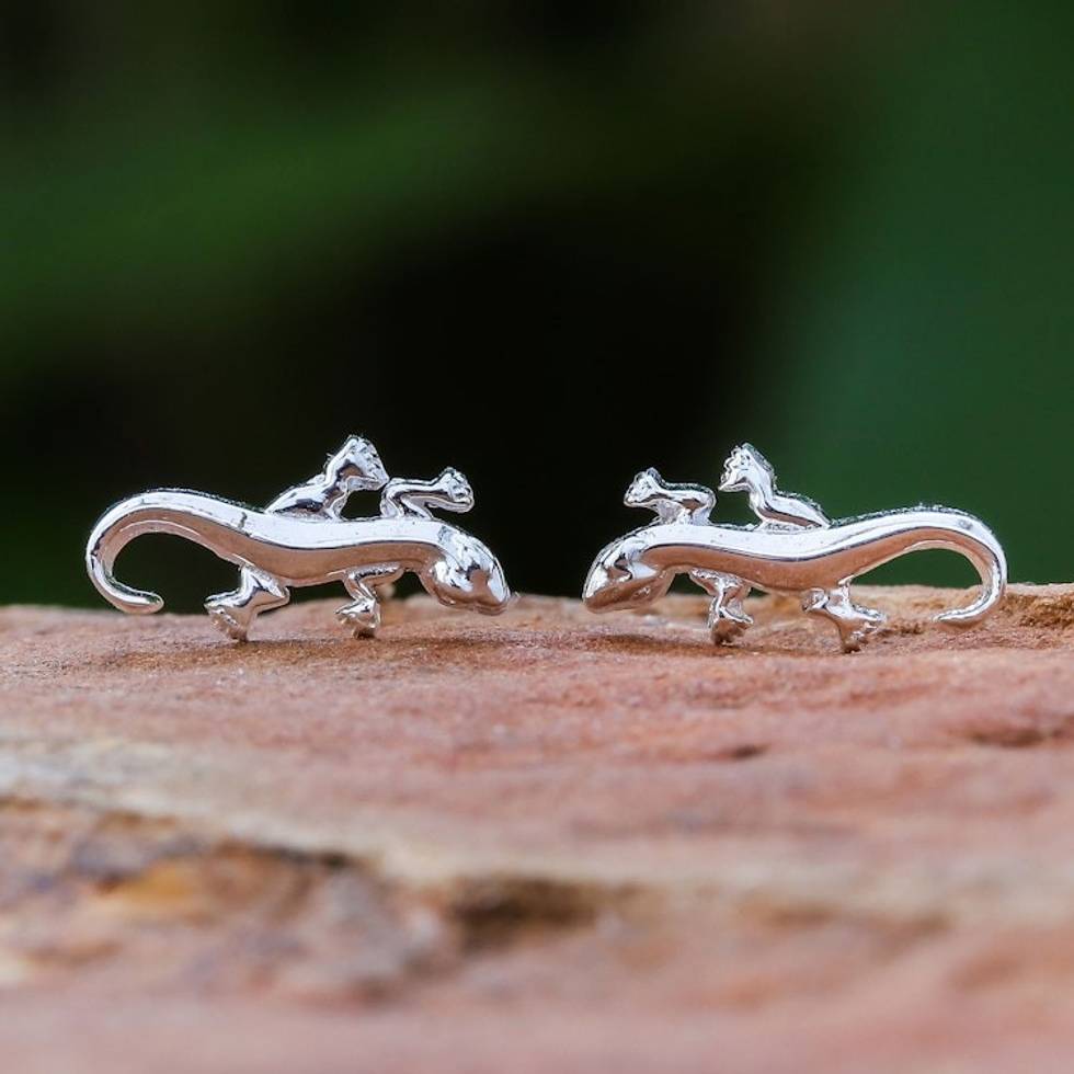 925 Silver Salamander Stud Earrings Handcrafted in Thailand 'Sleek Salamander'