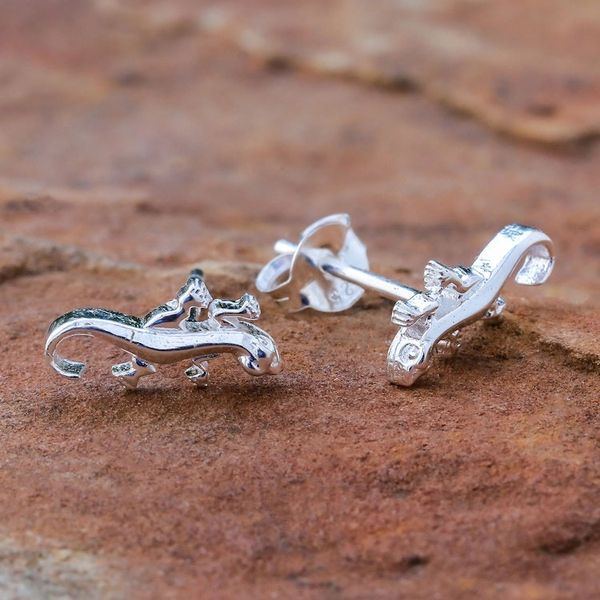 Alternate image for 925 Silver Salamander Stud Earrings Handcrafted in Thailand Sleek Salamander