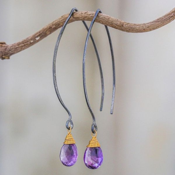 Alternate image for Gold Accent Amethyst Dangle Earrings from Thailand Midnight Meadow