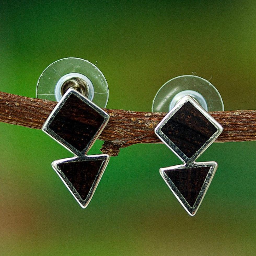 Geometric-Inspired Wood and Sterling Silver Button Earrings 'Metropolitan Forest'