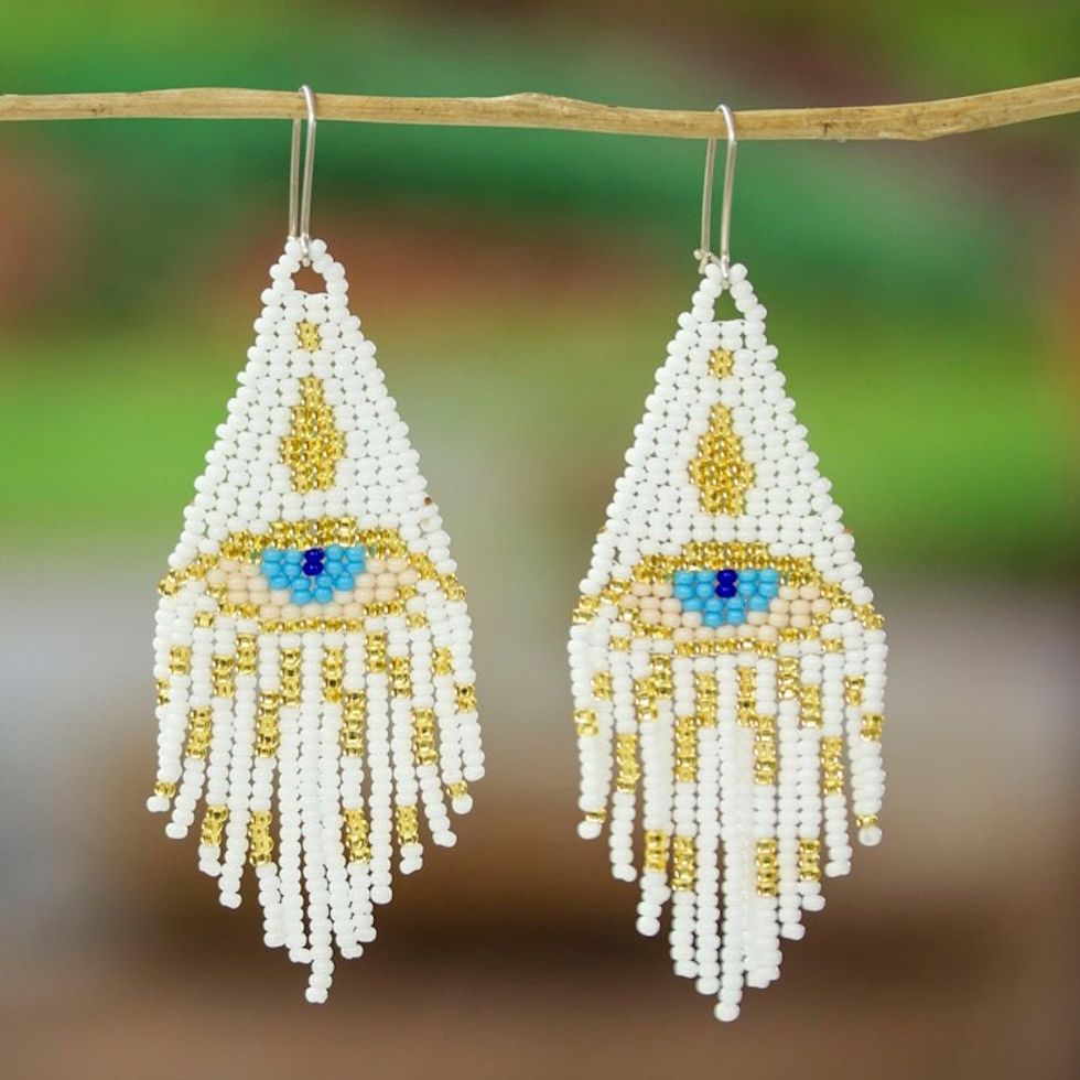 Turkish Eye-Themed Glass Beaded Waterfall Earrings in White 'White Turkish Eye'