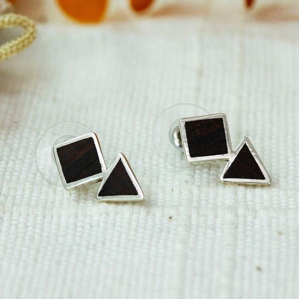 Alternate image for Geometric-Inspired Wood and Sterling Silver Button Earrings Metropolitan Forest