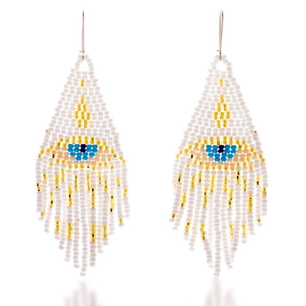 Alternate image for Turkish Eye-Themed Glass Beaded Waterfall Earrings in White White Turkish Eye