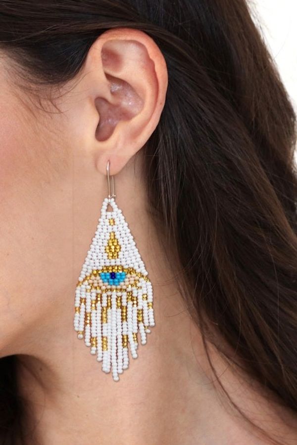 Alternate image for Turkish Eye-Themed Glass Beaded Waterfall Earrings in White White Turkish Eye