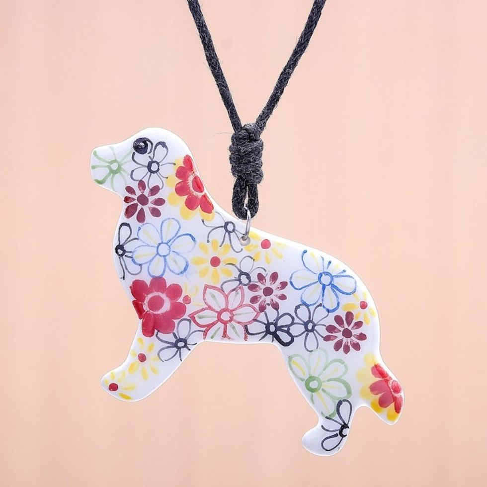 Ceramic Dog Pendant Necklace with Painted Floral Motifs 'Floral Dog'