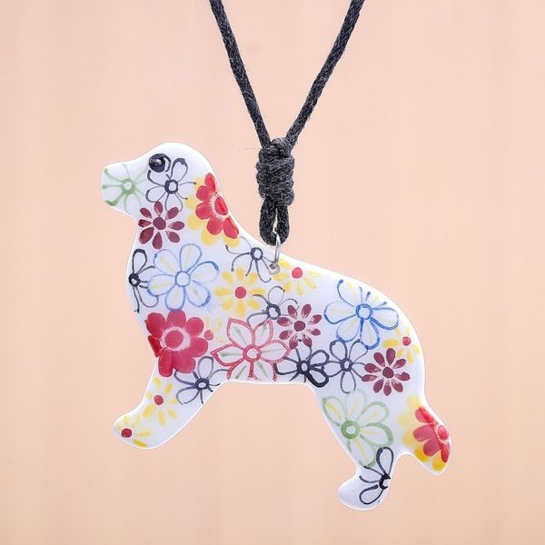 Alternate image for Ceramic Dog Pendant Necklace with Painted Floral Motifs Floral Dog