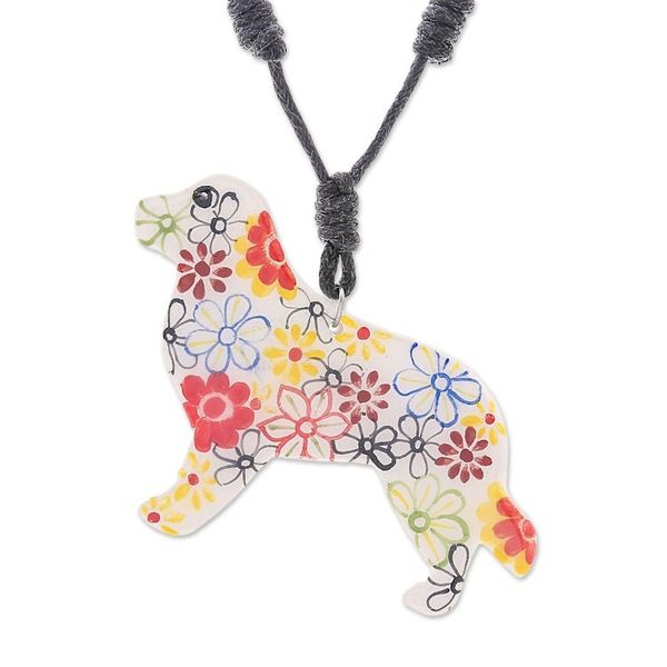Alternate image for Ceramic Dog Pendant Necklace with Painted Floral Motifs Floral Dog