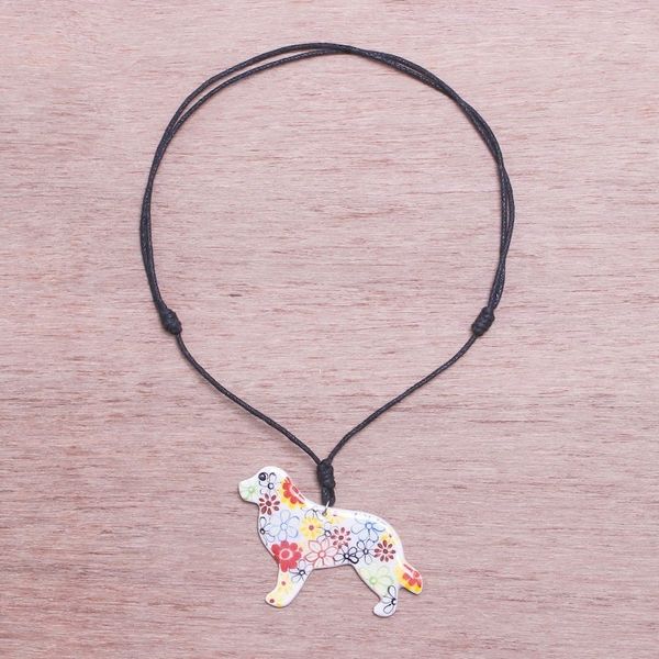 Alternate image for Ceramic Dog Pendant Necklace with Painted Floral Motifs Floral Dog
