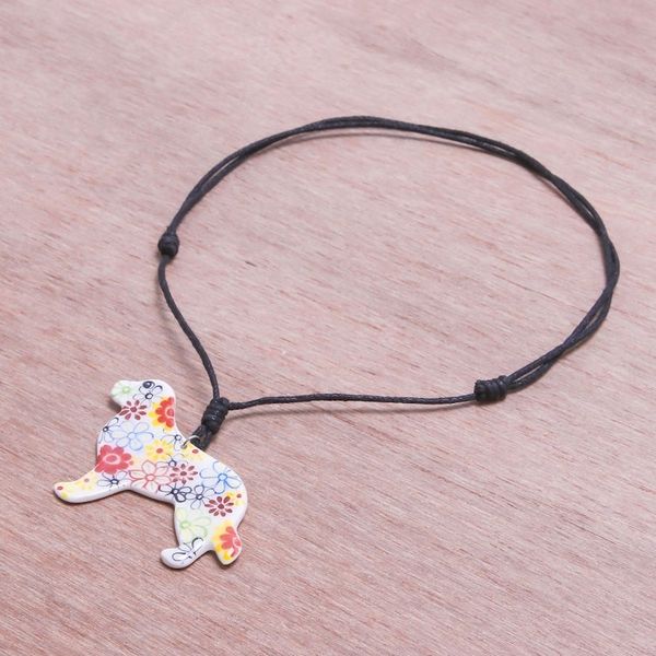 Alternate image for Ceramic Dog Pendant Necklace with Painted Floral Motifs Floral Dog