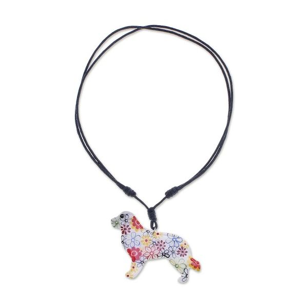 Alternate image for Ceramic Dog Pendant Necklace with Painted Floral Motifs Floral Dog