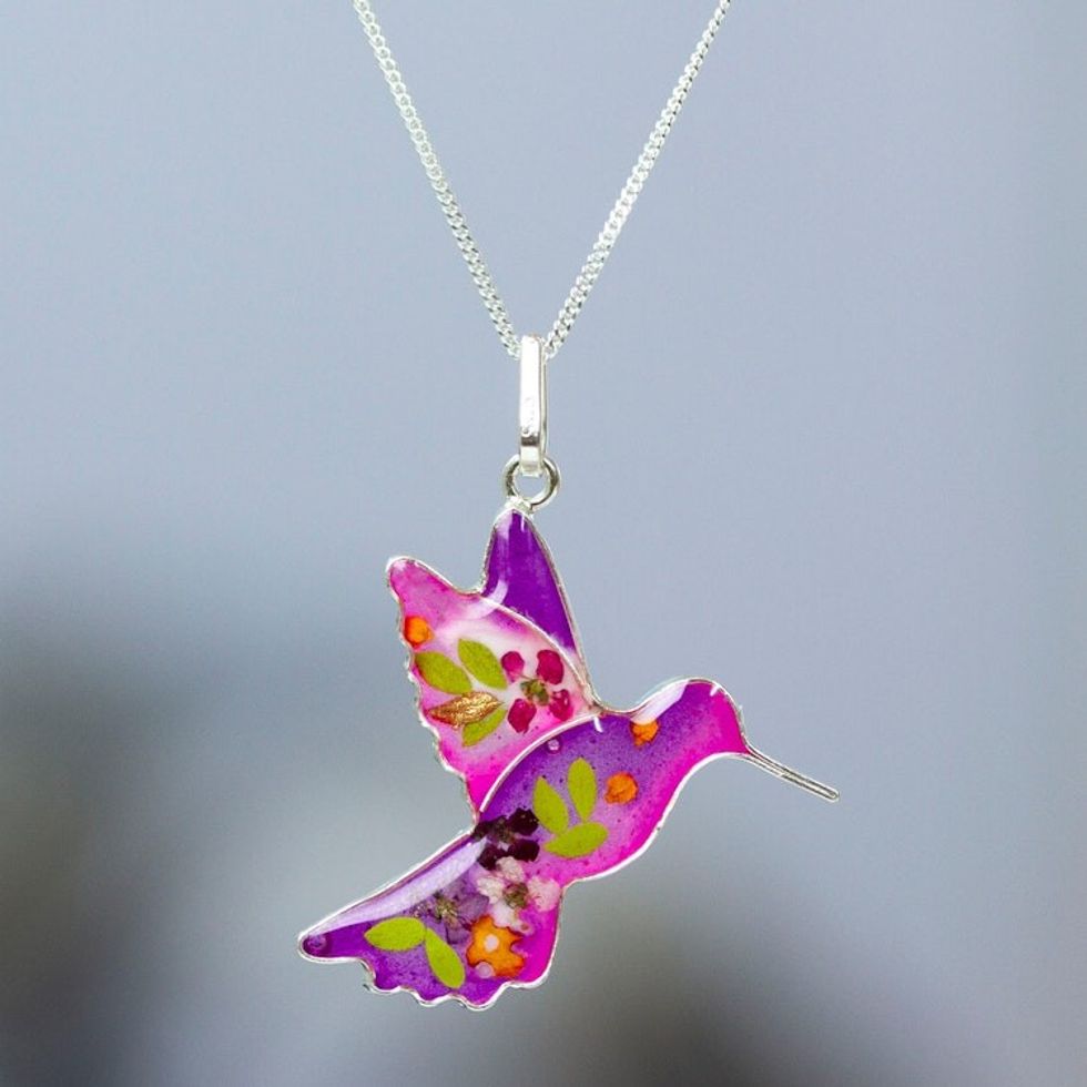 Natural Flower Resin Silver Hummingbird Pendant Necklace 'Pink Hummingbird'
