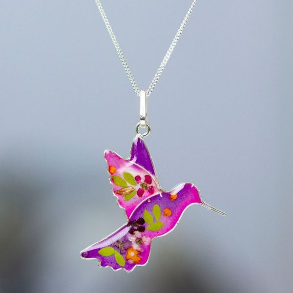 Alternate image for Natural Flower Resin Silver Hummingbird Pendant Necklace Pink Hummingbird