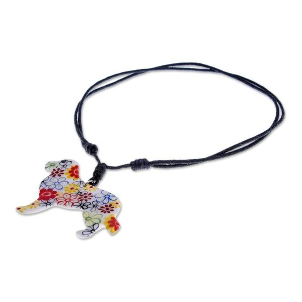 Alternate image for Ceramic Dog Pendant Necklace with Painted Floral Motifs Floral Dog