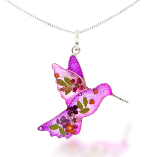 Alternate image for Natural Flower Resin Silver Hummingbird Pendant Necklace Pink Hummingbird