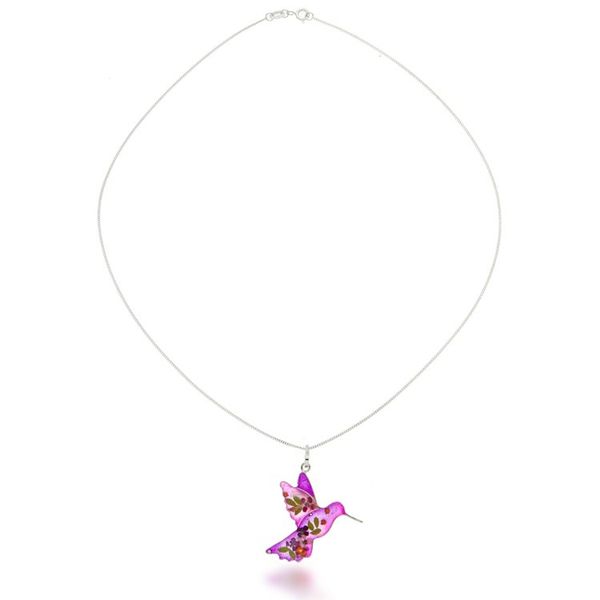 Alternate image for Natural Flower Resin Silver Hummingbird Pendant Necklace Pink Hummingbird