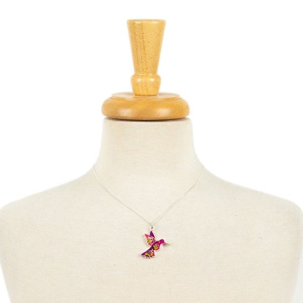 Alternate image for Natural Flower Resin Silver Hummingbird Pendant Necklace Pink Hummingbird