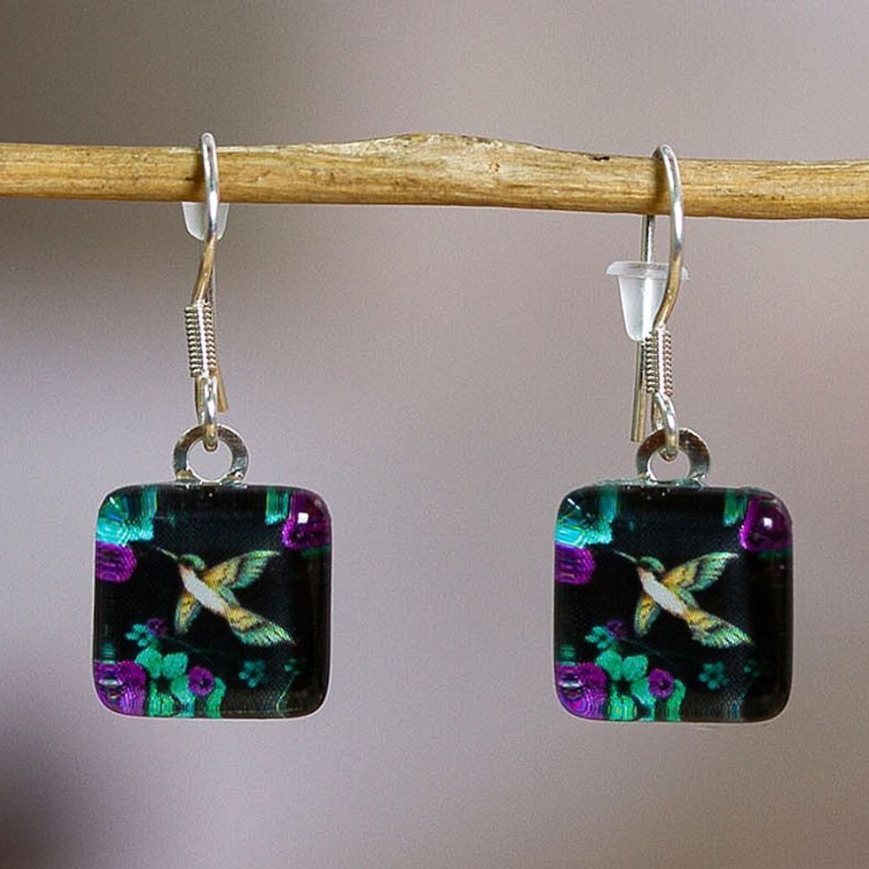 Decoupage on Glass Earrings with Hummingbird Floral Motifs 'Petite Hummingbird Nature'