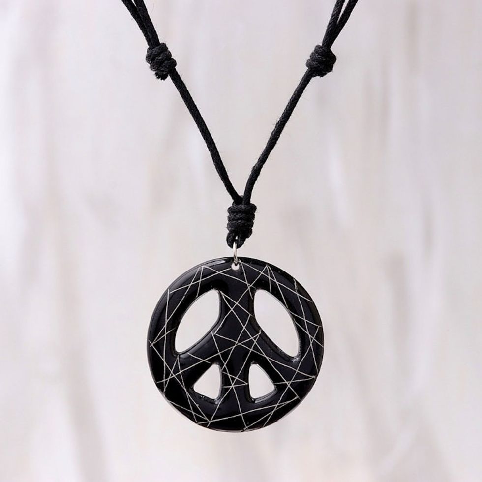 Hand-Painted Ceramic Peace Necklace in Black from Thailand 'Bring Peace in Black'