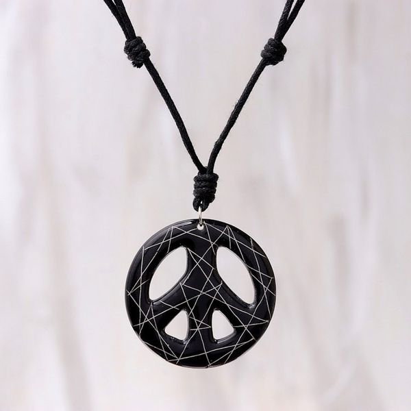 Alternate image for Hand-Painted Ceramic Peace Necklace in Black from Thailand Bring Peace in Black