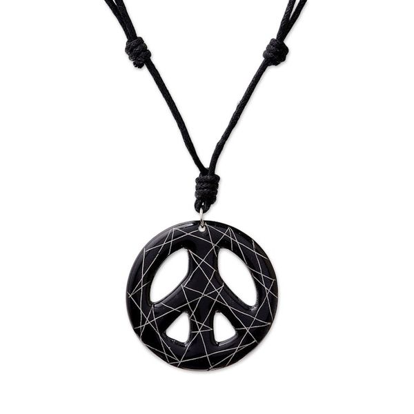 Alternate image for Hand-Painted Ceramic Peace Necklace in Black from Thailand Bring Peace in Black