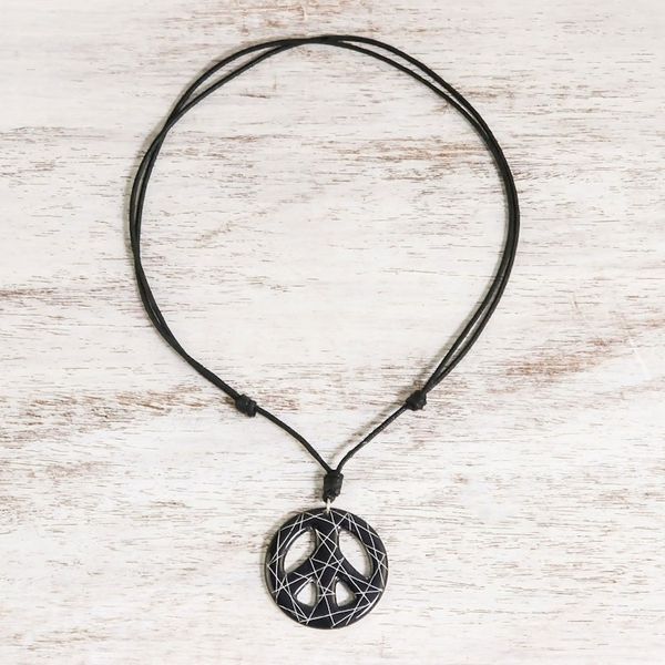 Alternate image for Hand-Painted Ceramic Peace Necklace in Black from Thailand Bring Peace in Black