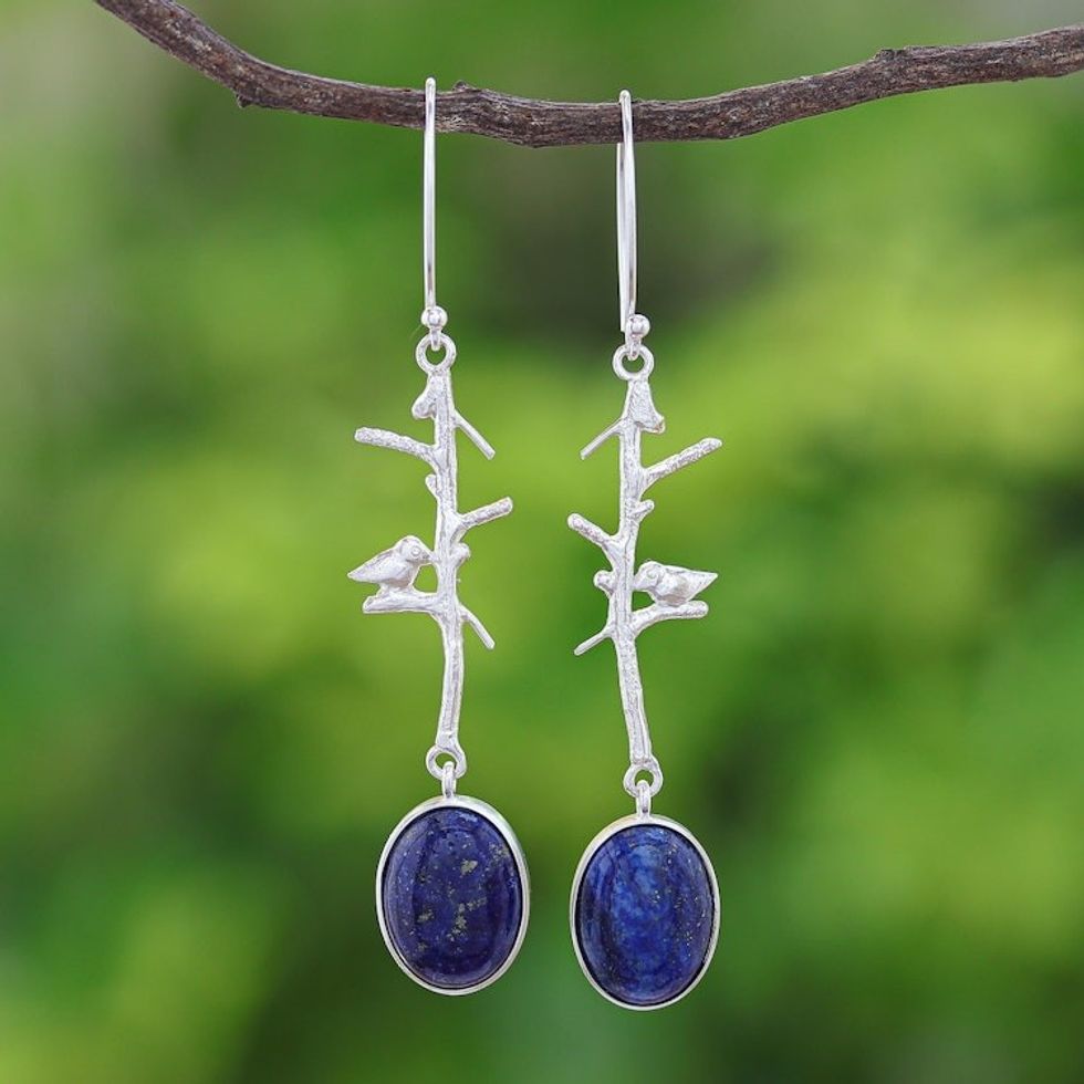 Nature-Themed Lapis Lazuli Dangle Earrings from Thailand 'Bird on a Branch'