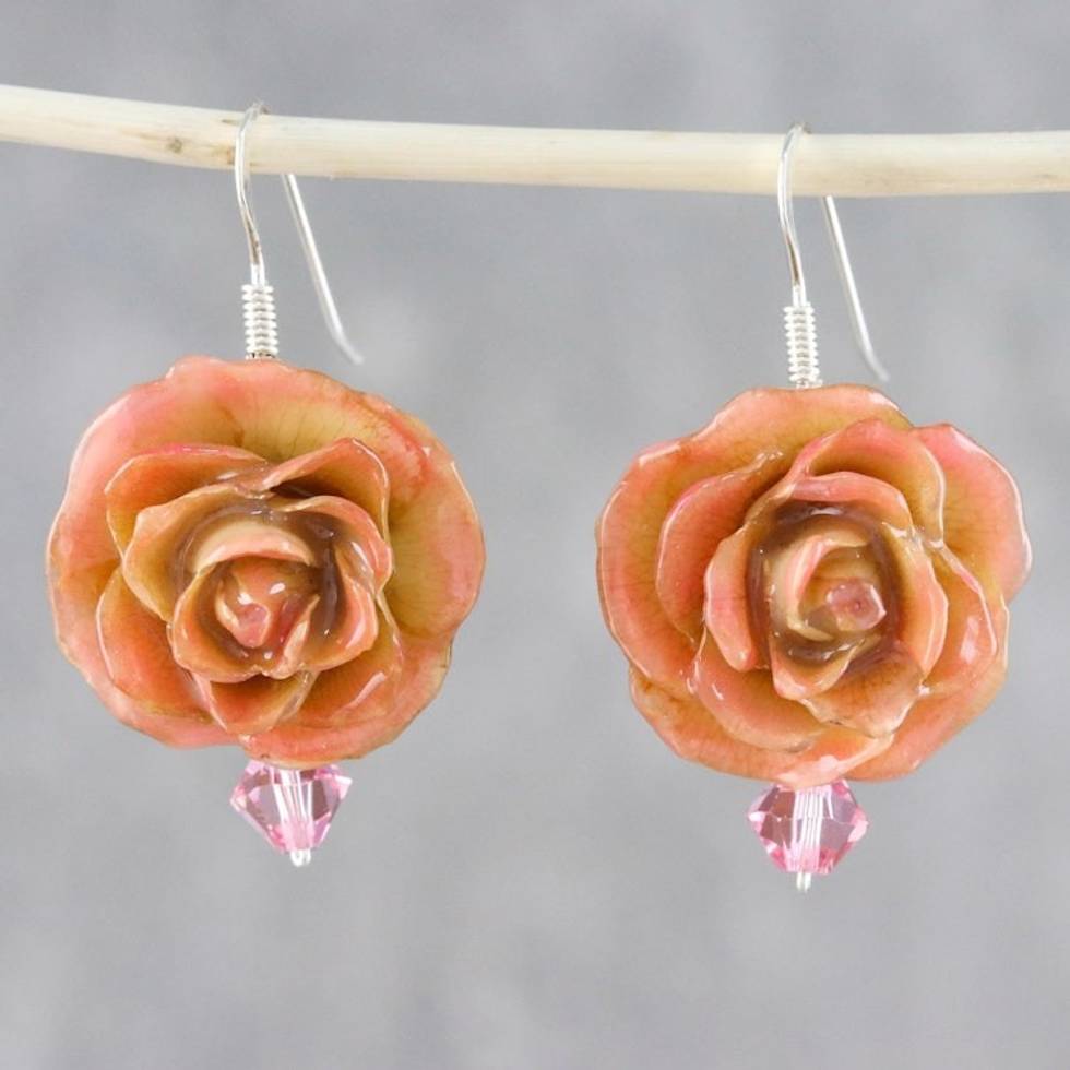 Yellow and Peach Natural Rose and Glass Bead Earrings 'Captured Sunset Beauty'