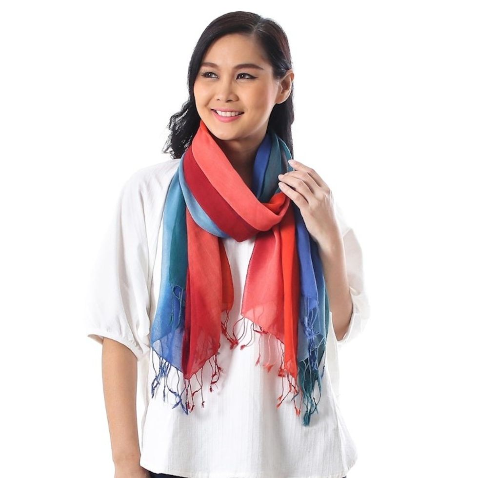Blue and Red Cotton Wrap Scarves from Thailand Pair 'Sunset Breeze'