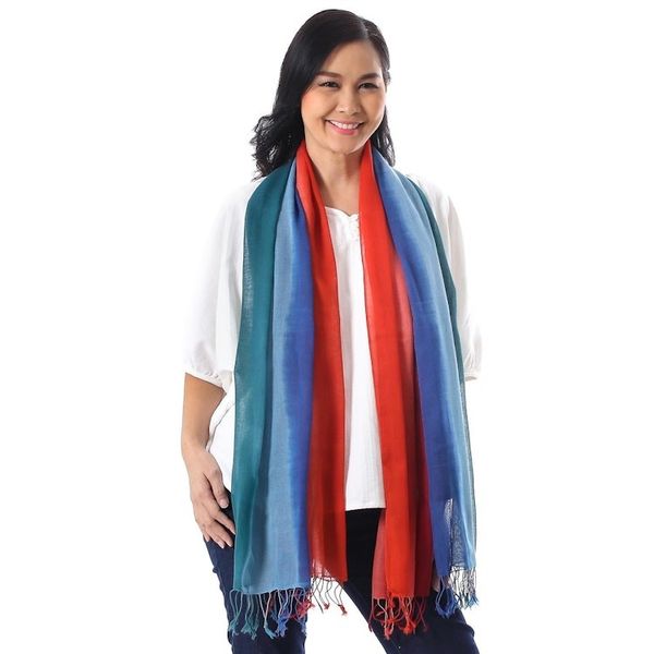 Alternate image for Blue and Red Cotton Wrap Scarves from Thailand Pair Sunset Breeze
