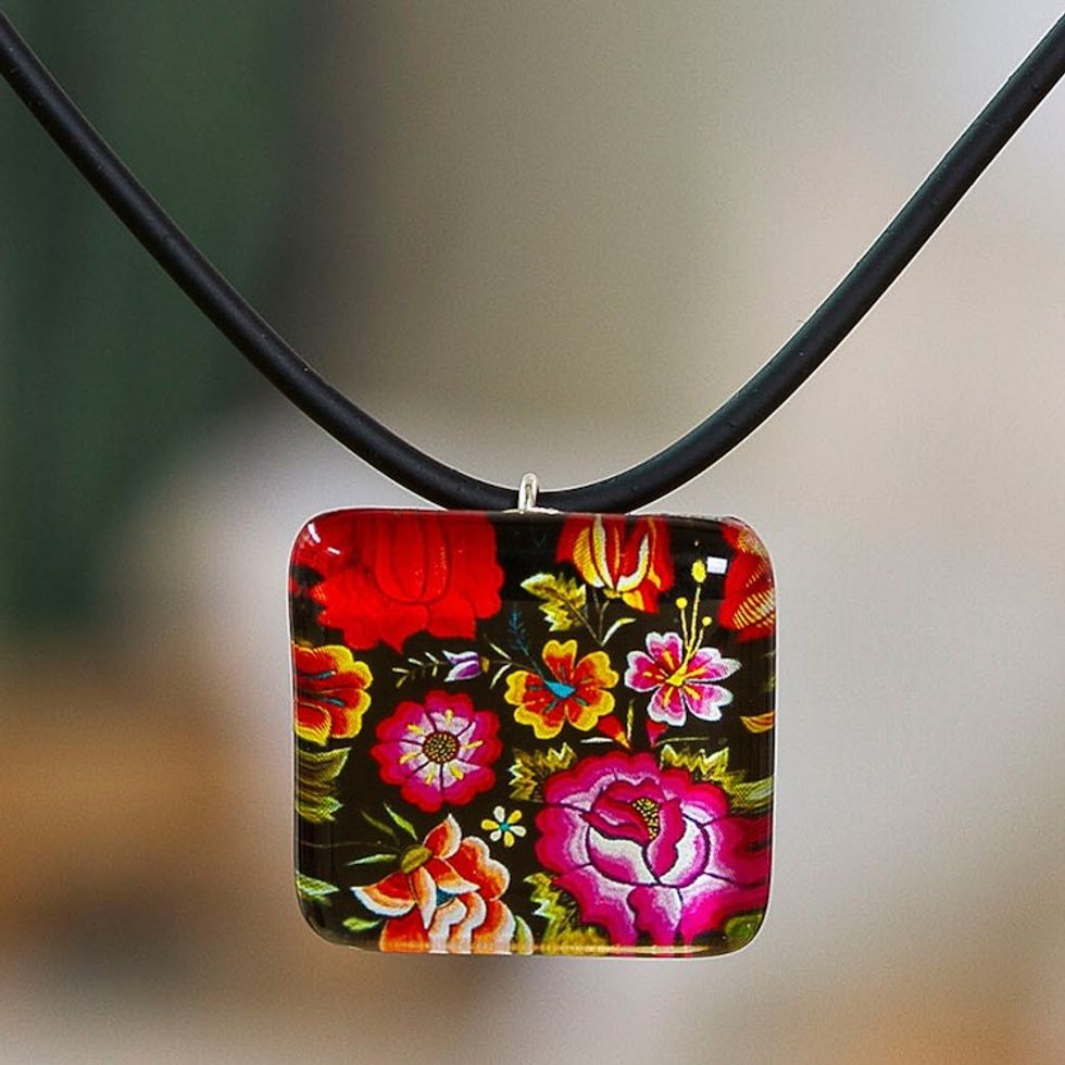 Decoupage on Glass Floral Oaxaca Embroidery Pendant Necklace 'Oaxacan Garden'
